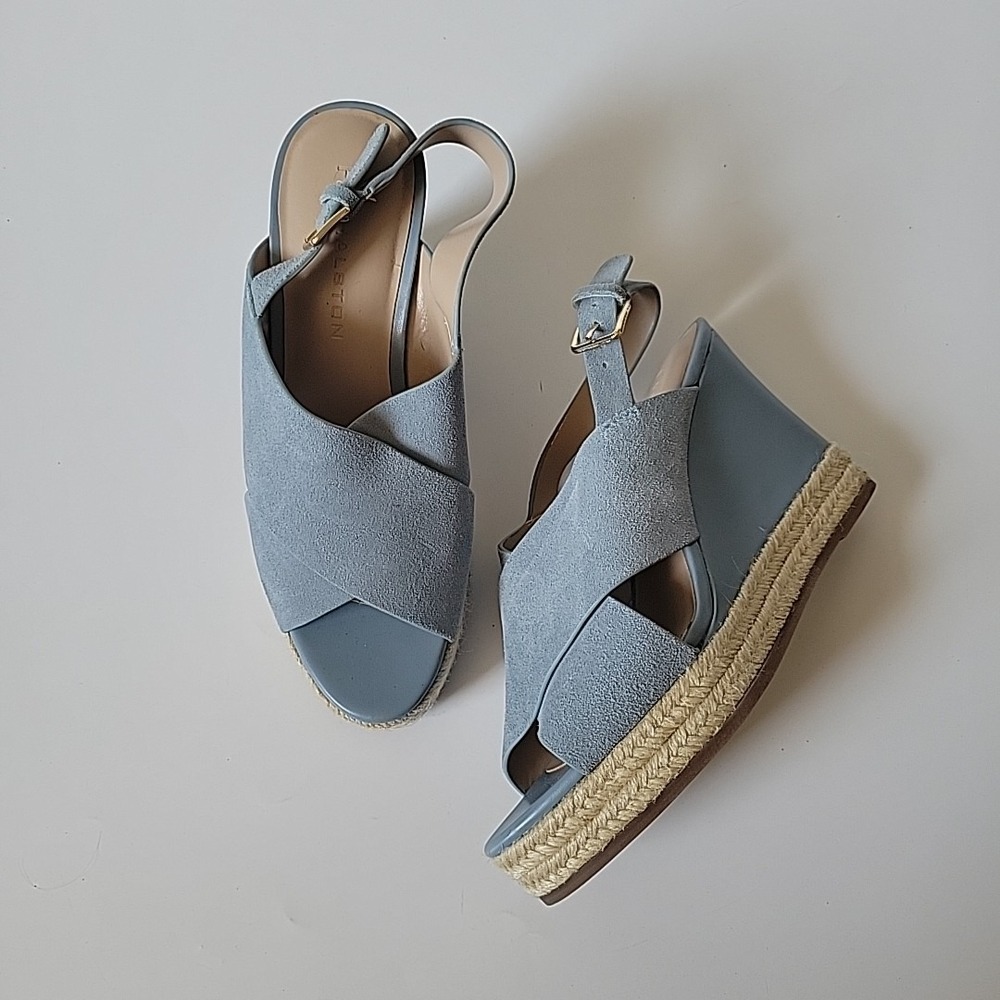 H Halston Stella Slingback Sandals 8.5M Powder Blue Suede Chambray Wedge Heel - Picture 11 of 16